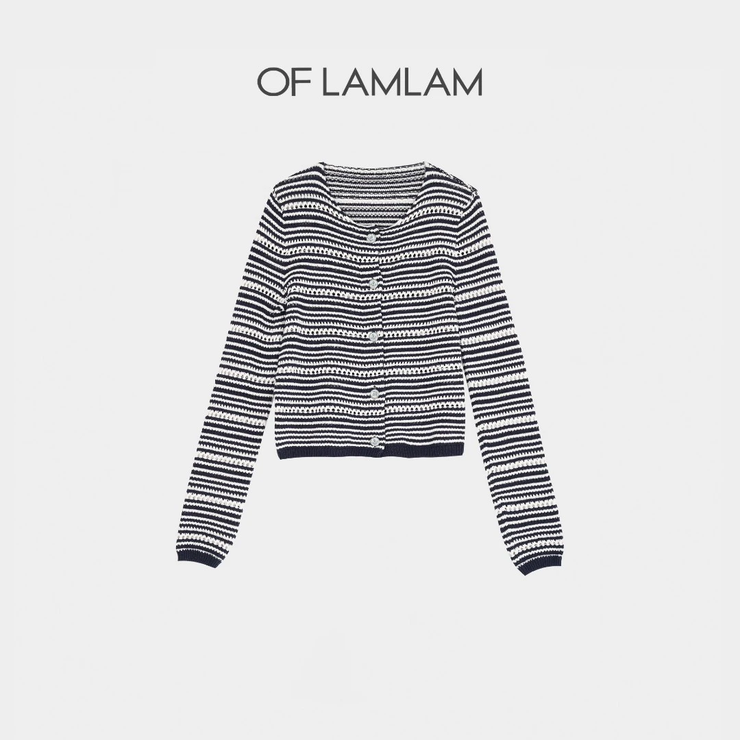 “小香贵奢”经典撞色藏青条纹纯棉法式针织开衫 OFLAMLAM L25809T