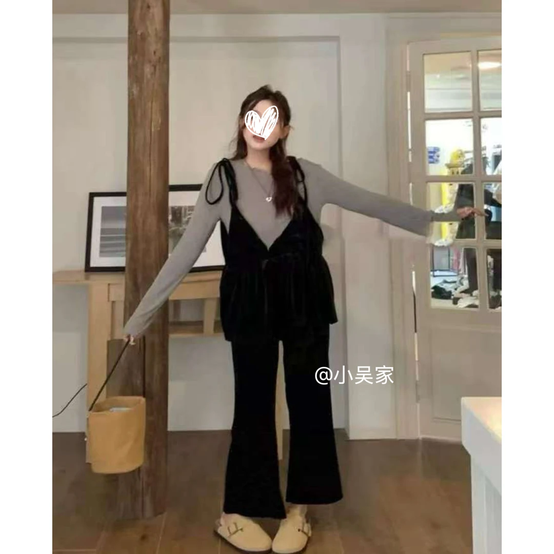 「小吴家」韩系秋新款叠穿风灰色打底T恤+黑色丝绒吊带➕裤子三件套