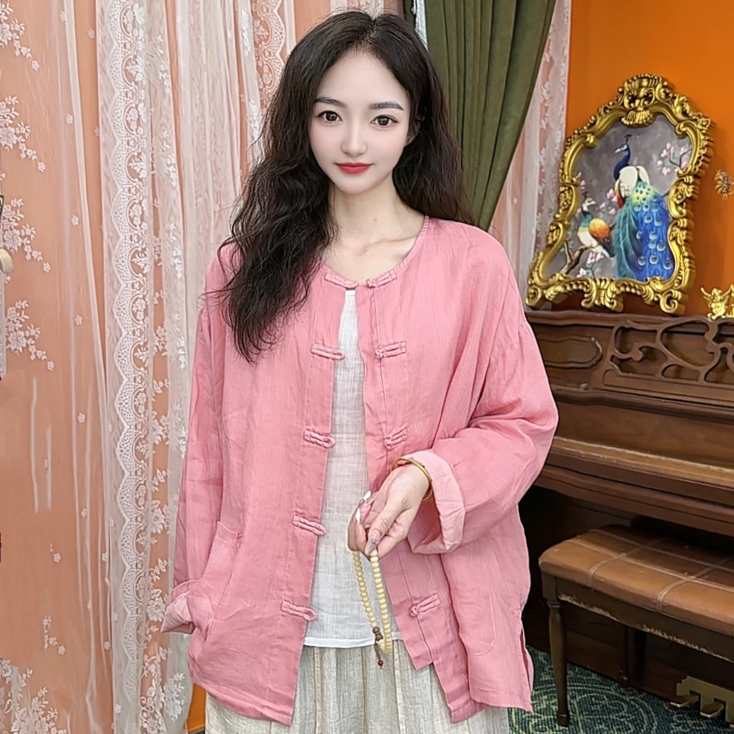 文艺复古苎麻双层圆领单排扣透气茶服女短外套宽松中国风薄款早秋