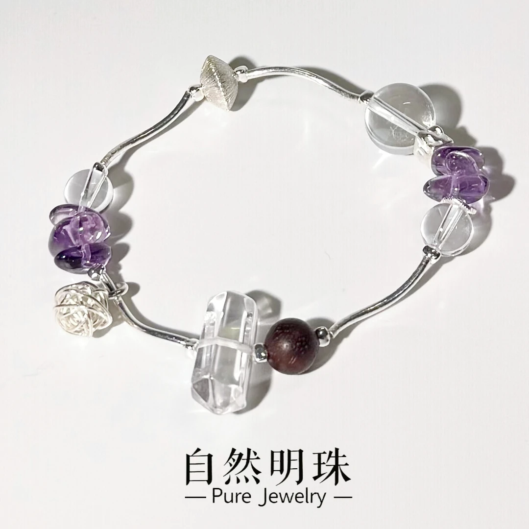 思斯原创【绮梦】巴西紫水晶随形白水双尖降真香S925银天然水晶手链