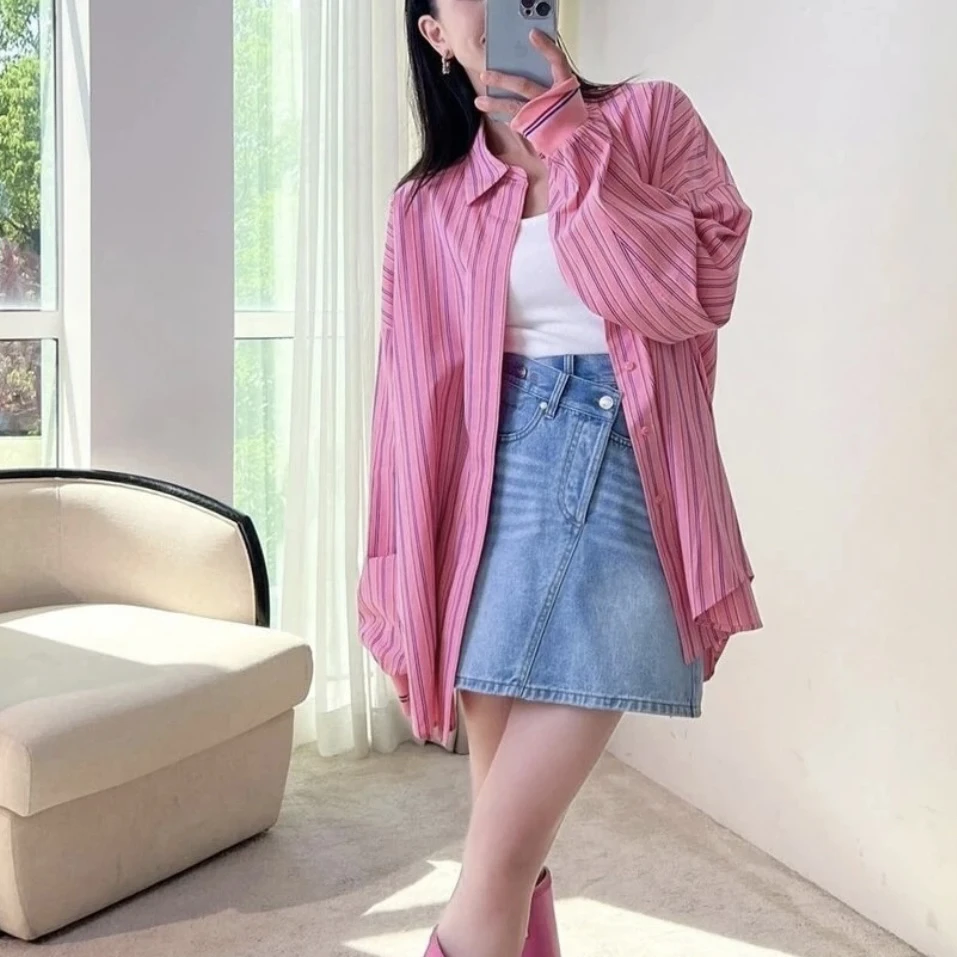 春夏设计感气质中长款宽松显瘦ins条纹衬衣5300811