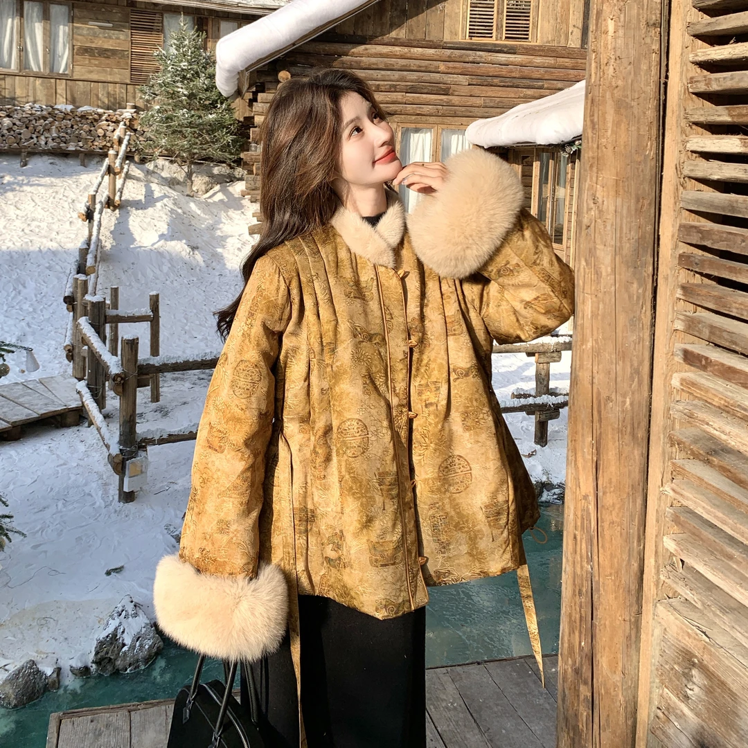 新中式狐狸毛拼接羽绒服女2025冬季复古高级感国风印花白鸭绒外套