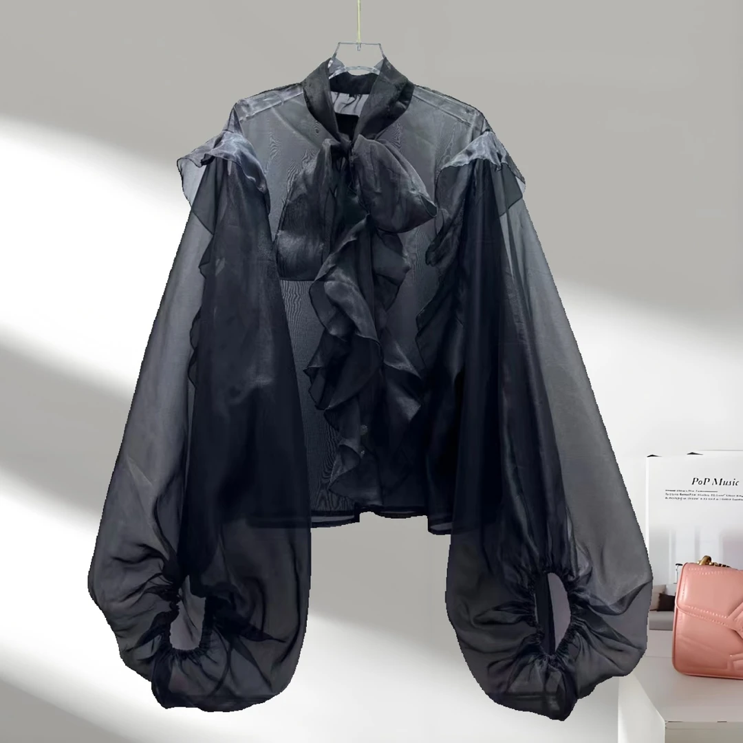 法式木耳花边单排扣宽松秋季新款蝙蝠袖衬衫花边领衬衣洋气衣服女