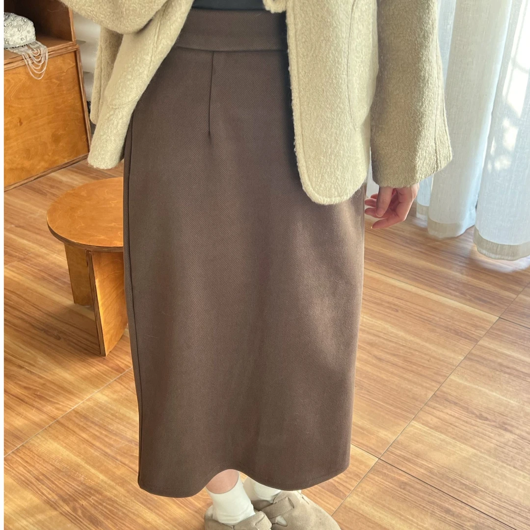 【SanMu】小个子显瘦中长款后松紧腰开叉呢子半身裙