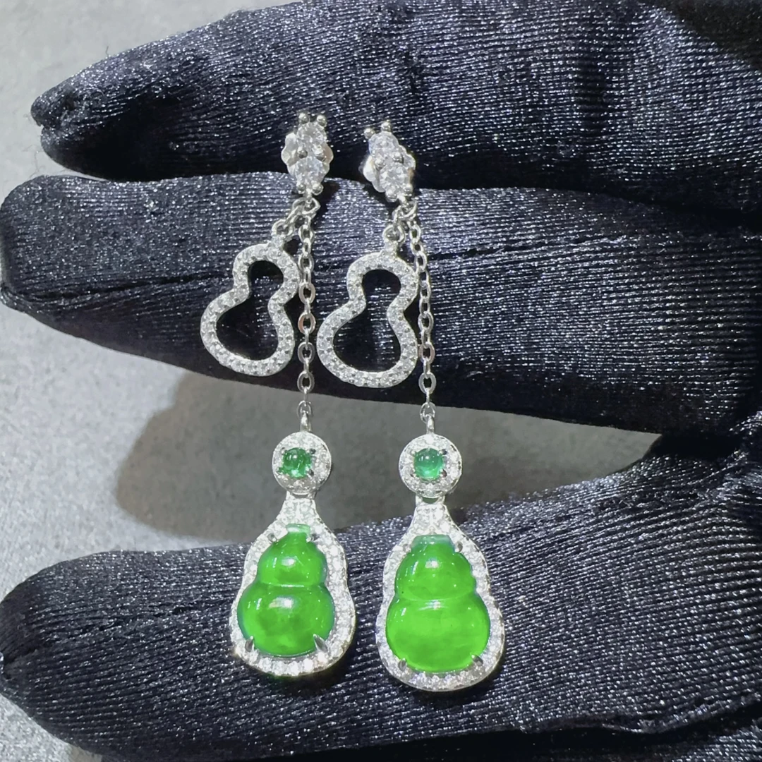 【新款耳坠-双葫芦】s925银天然A货翡翠阳绿葫芦耳饰长款流苏设计款