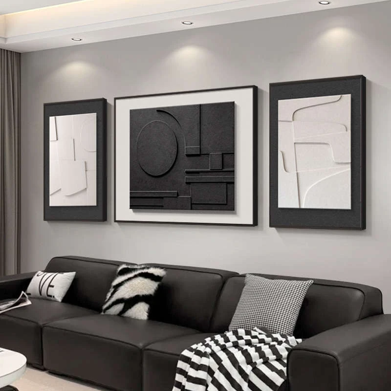 黑白抽象客厅装饰画三联轻奢高级沙发背景墙挂画几何极简砂岩壁画