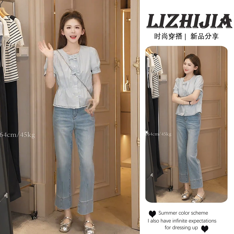 2025夏季新款蝴蝶结泡泡袖收腰上衣短袖直筒牛仔裤两件套潮