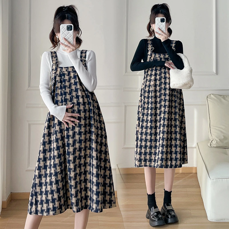 【苏遇婉】时尚大码2025秋冬季新款孕妇装打底衫千鸟格孕妇背带裙