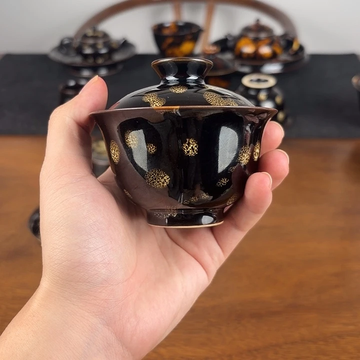 陶瓷点彩鹧鸪斑二才元宝盖碗