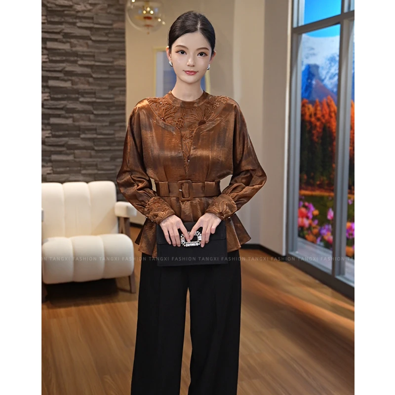 2025年秋冬新款【ZM-986】时尚设计款气质带腰带中国风拼接衬衫上衣