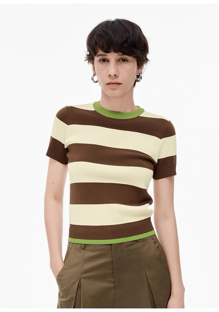 杰瑞【草莓甜心】时髦撞色条纹短袖T恤女独特设计感修身显瘦上衣