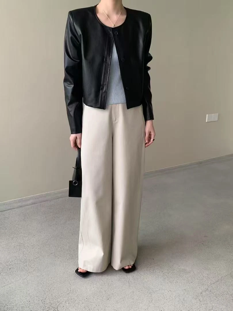 3756号56807#春新款垫肩简约双侧口袋休闲皮外套