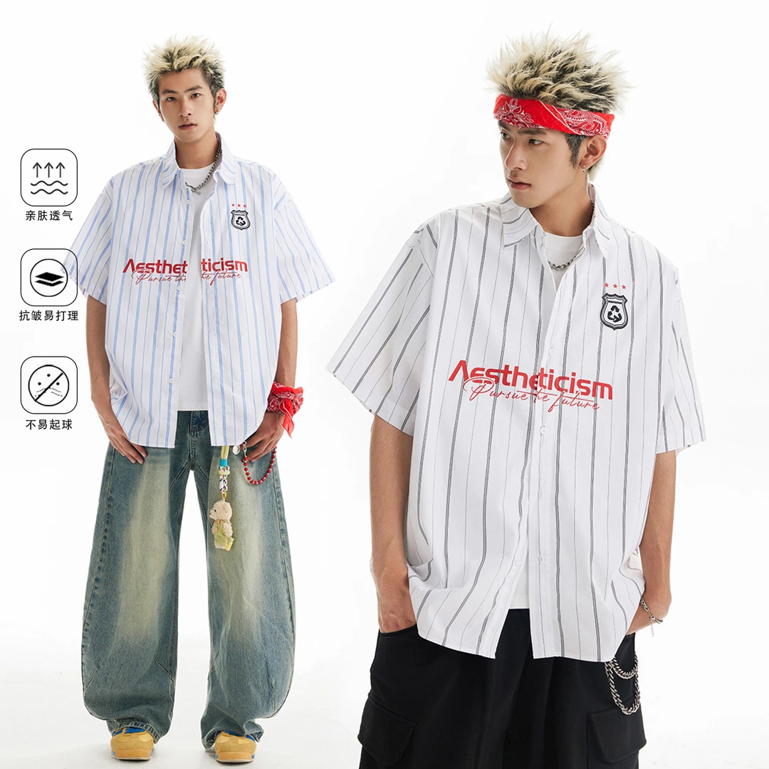 夏季薄款条纹印花短袖衬衫男美式潮牌宽松百搭设计感五分袖衬衣