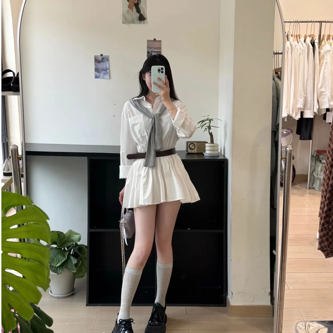 【源头厂家】格子POLO领衬衫连衣裙女早秋百搭披肩腰带三件套