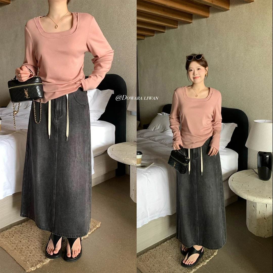 现货6560D大婉酱微胖定制黑灰色牛仔半身裙女春季中长款显瘦A字裙