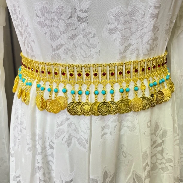 蓝色珠珠民族风亮片流苏花边舞台白色网红服装配饰腰带腰链链