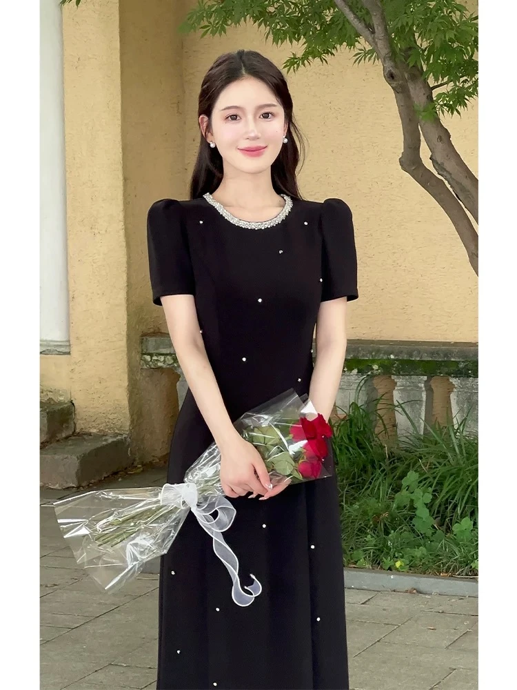 【朵拉】大码连衣裙气质赫本风长款小黑裙夏季新款高级感收腰长裙