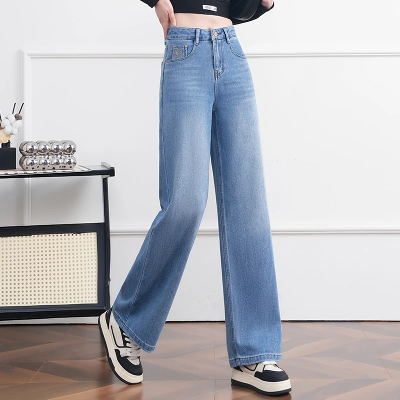 正品高端阔腿刺绣牛仔裤女春秋2025时尚新款高腰直筒休闲阔腿裤子