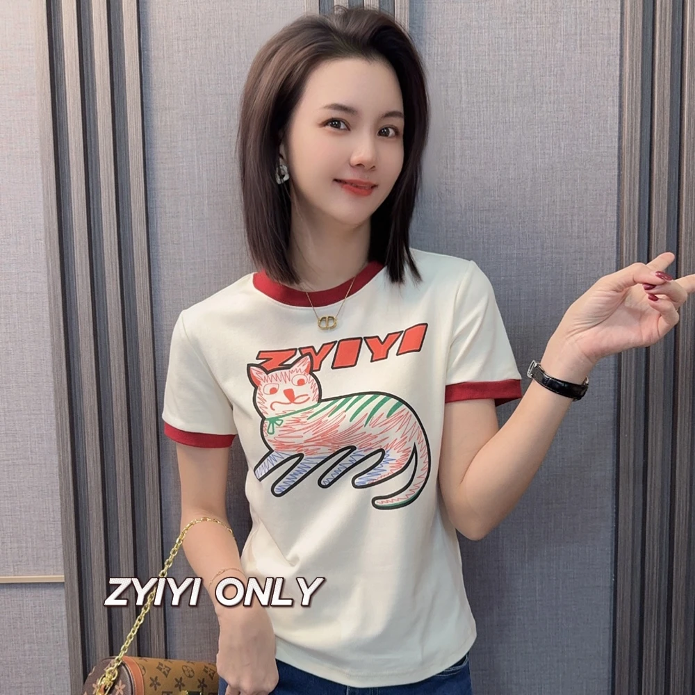 【彩虹猫咪 】2025春夏新款修身显瘦短袖T恤印花休闲百搭上衣女