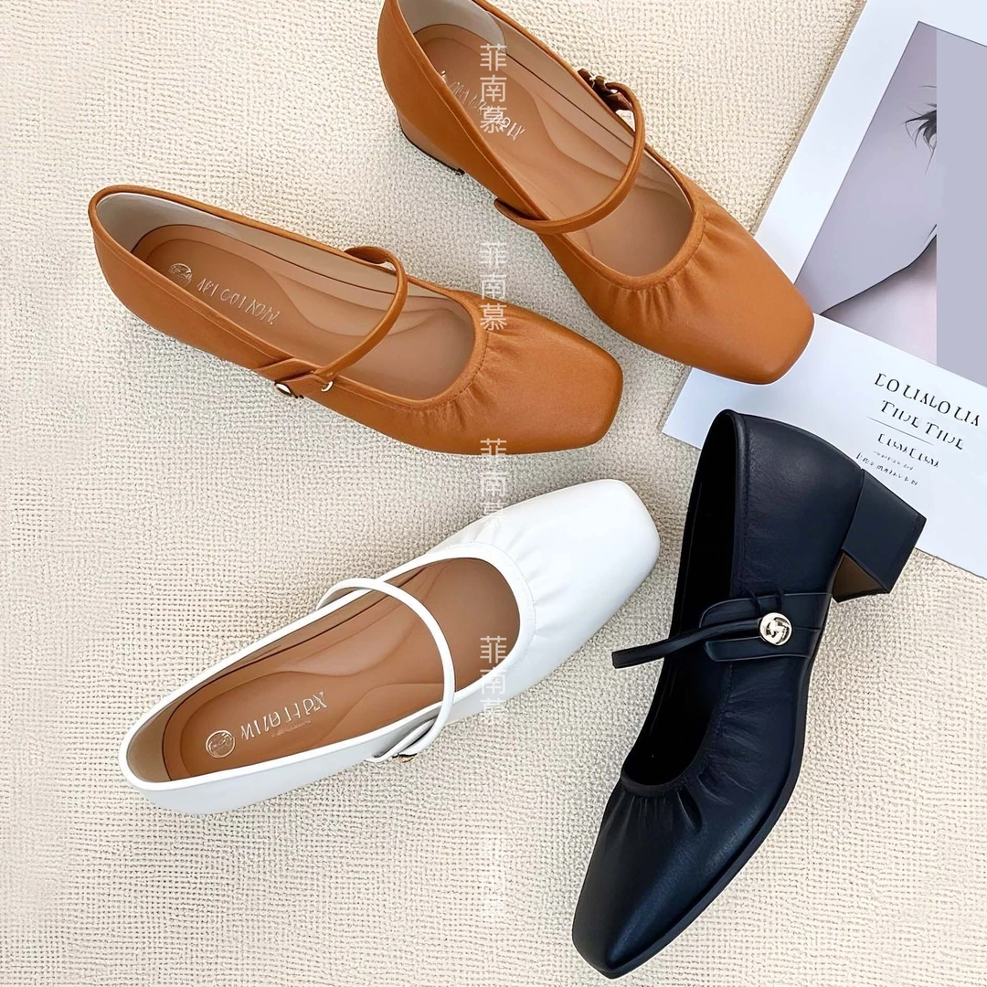 2025春夏新款方头一字带浅口玛丽珍鞋女通勤百搭中跟单鞋2556金