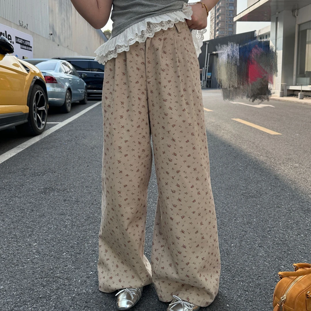 晶咕【碎花宴】复古时尚韩版宽松碎花阔腿休闲裤