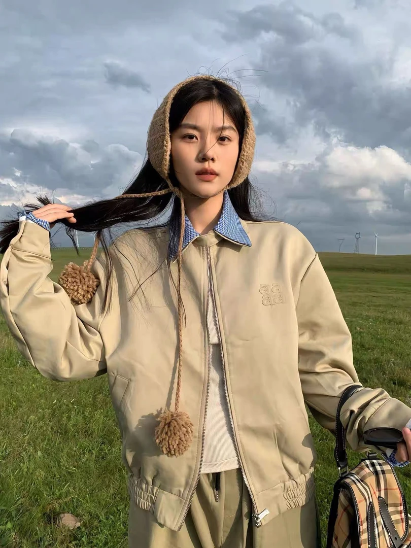 秋季格子拼接翻领外套夹克女小个子春秋新款宽松设计感休闲上衣潮