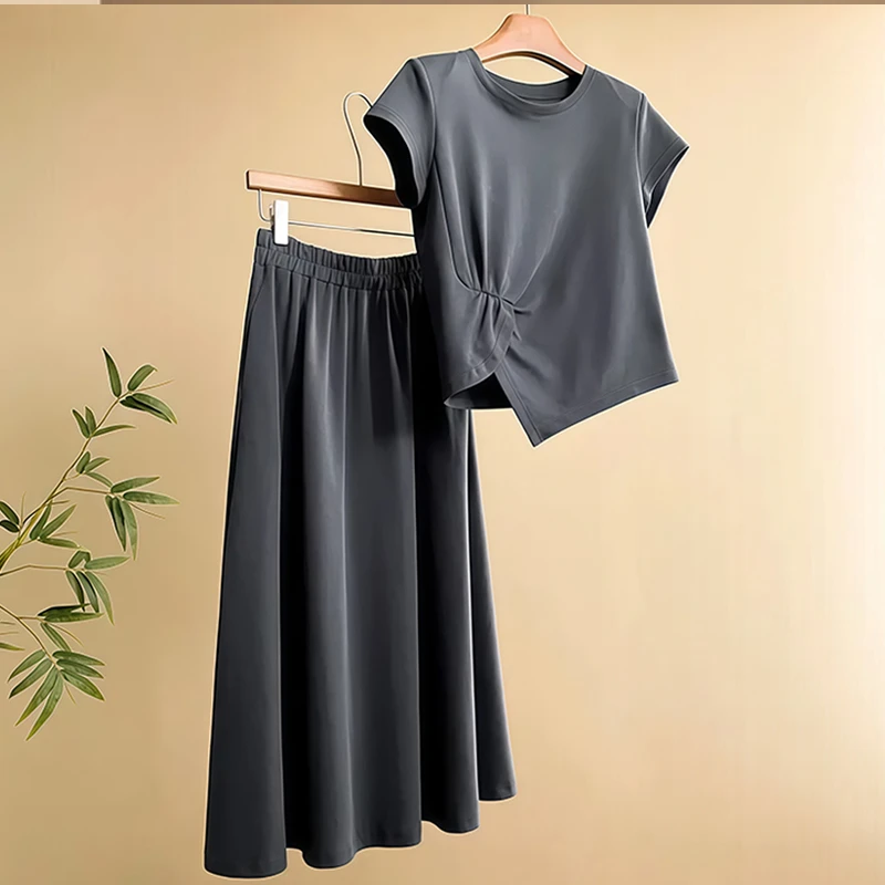 高含棉减龄休闲套装女2025年夏季新款气质褶皱短袖半身裙两件套潮