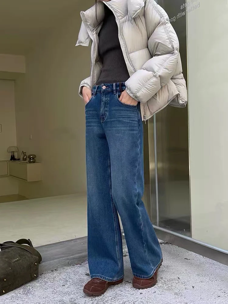 85905 宝宝 冬季森调四面弹特绒蓝色窄版阔腿裤牛仔裤女