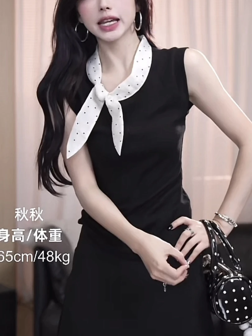 【夏日焦点背心】夏季小众侧领无袖蝴蝶结波点通勤穿搭背心8851