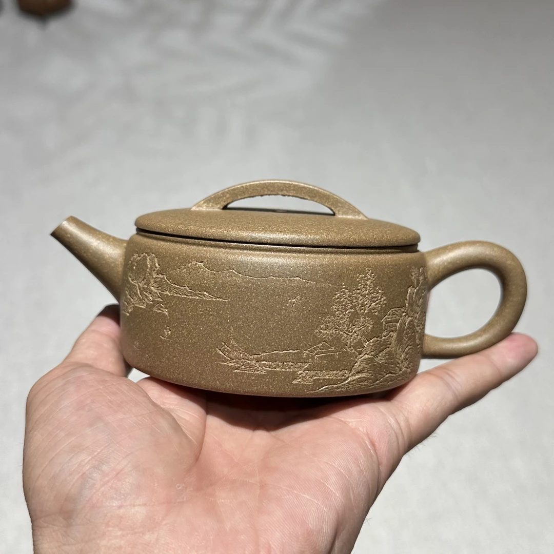 纯实拍200cc原矿老青段泥半手精工汉瓦刻绘山水图 茶具 紫砂壶