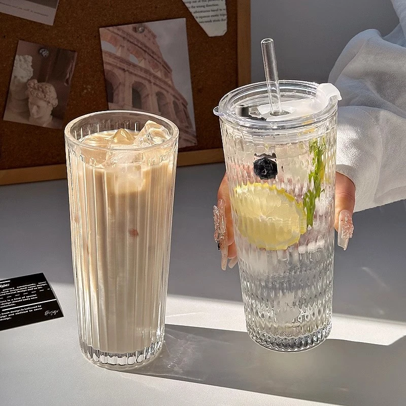高颜值透明咖啡冰美式拿铁玻璃杯大容量带盖吸管杯子办公室水杯子