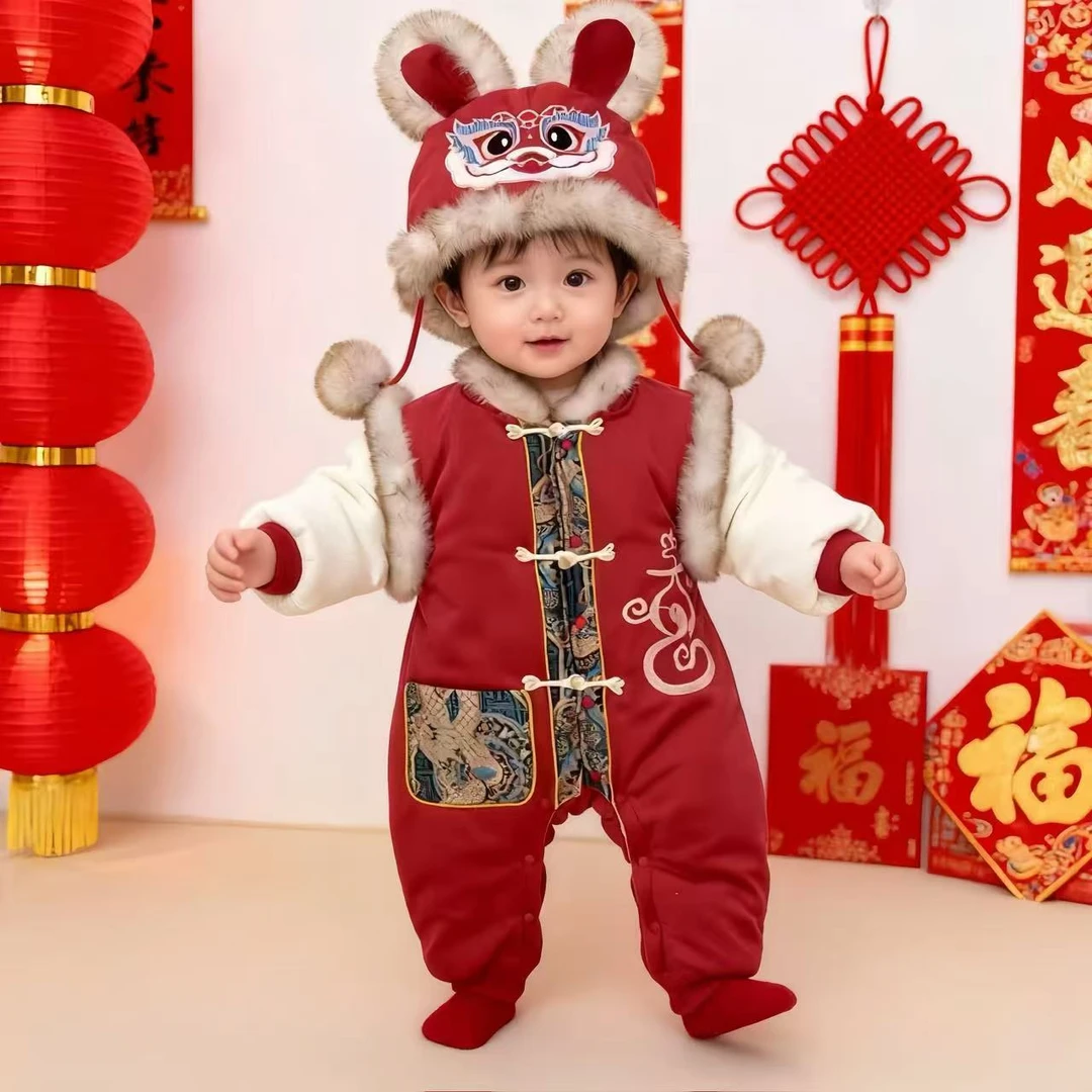 宝宝拜年服冬装婴儿喜庆过年连体衣加绒加厚婴幼儿衣服冬季周岁服