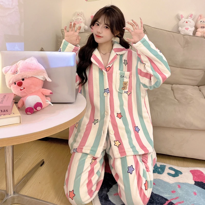 睡衣冬季加绒加厚女2025新款条纹两件套秋冬可外穿卡通家居服套装