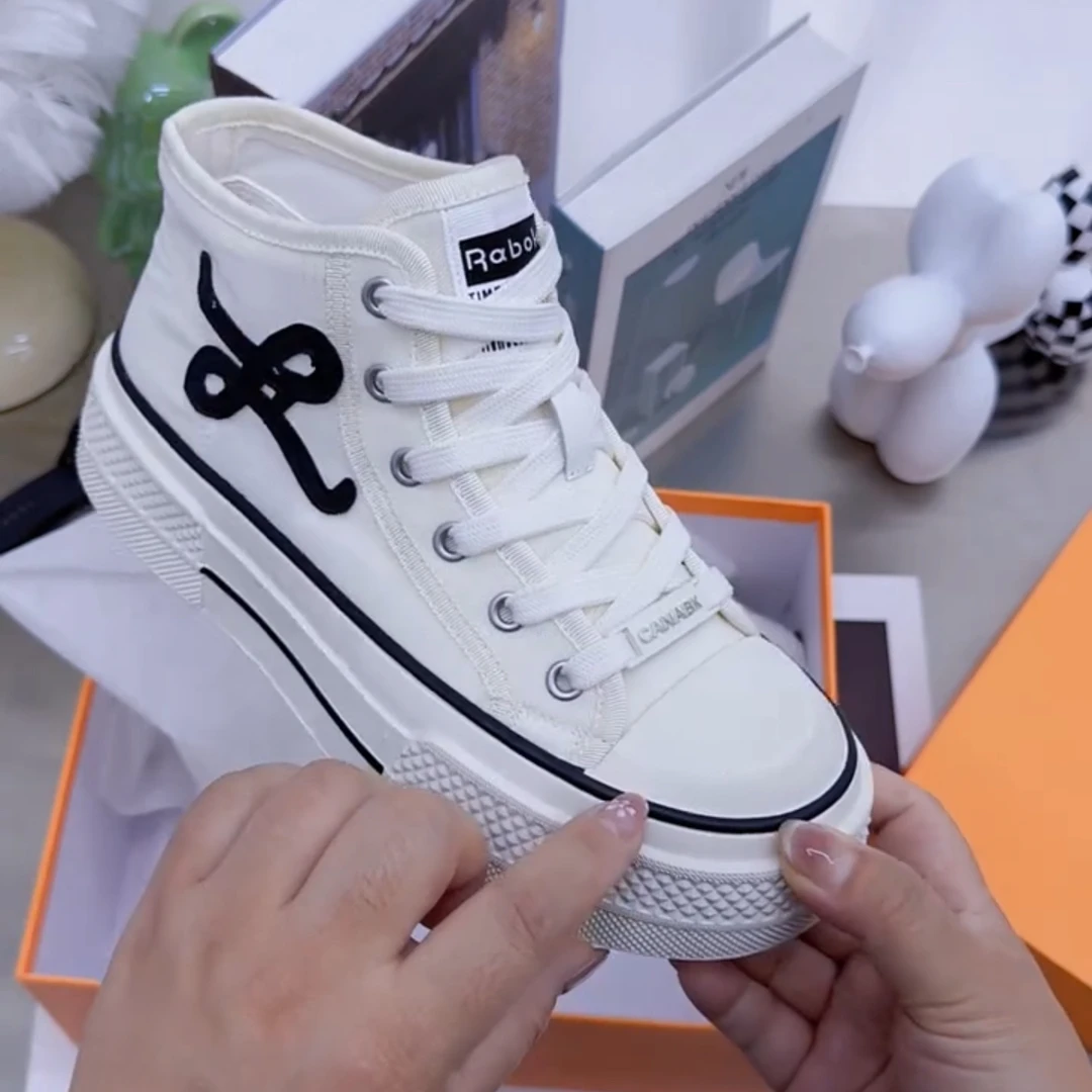 厚底系带高帮鞋女2025夏季新款薄款透气网面鞋运动休闲百搭帆布鞋