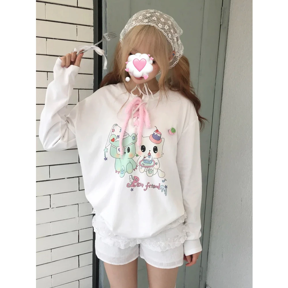 日系简约卡通图案印花长袖T恤女宽松百搭休闲简约时尚ins圆领上衣