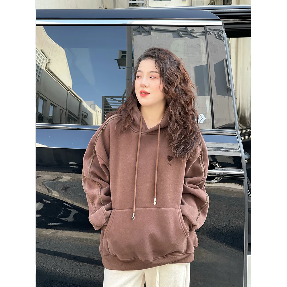 WenWen小个子韩版款时尚休闲加绒加厚中长款连帽卫衣外套2469