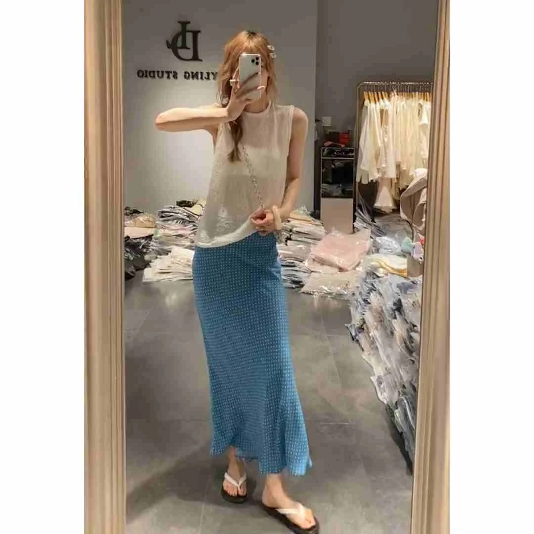 高级感时尚气质薄款无袖上衣罩衫波点鱼尾半身裙两件套