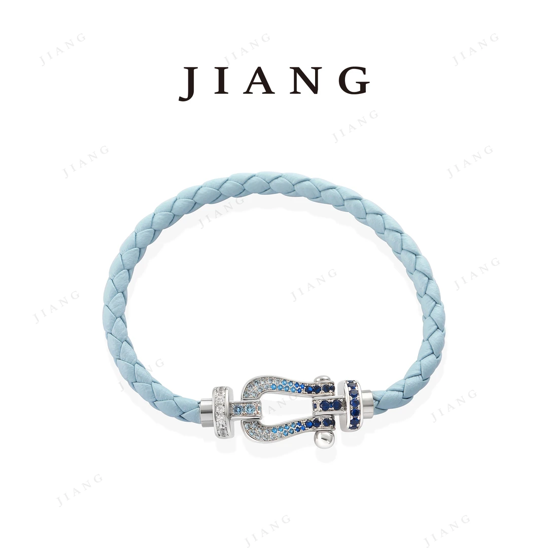 铜合金合成锆石手镯 CNC精工 蹄蹄蓝色皮质手镯 3896