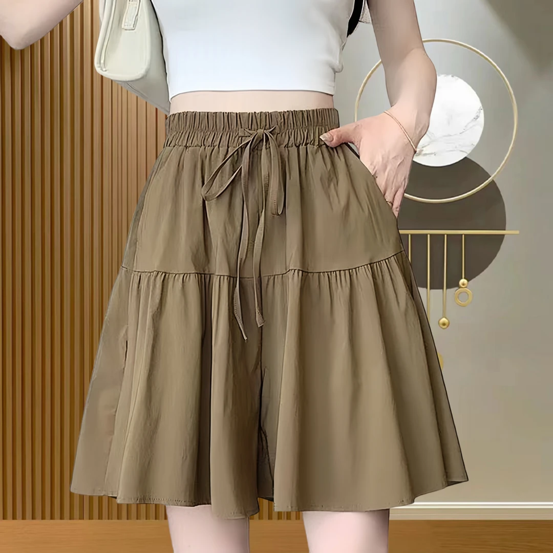 2025夏季新款洋气阔腿五分裤女休闲风百搭运动纯色冰丝皱麻裤裙女