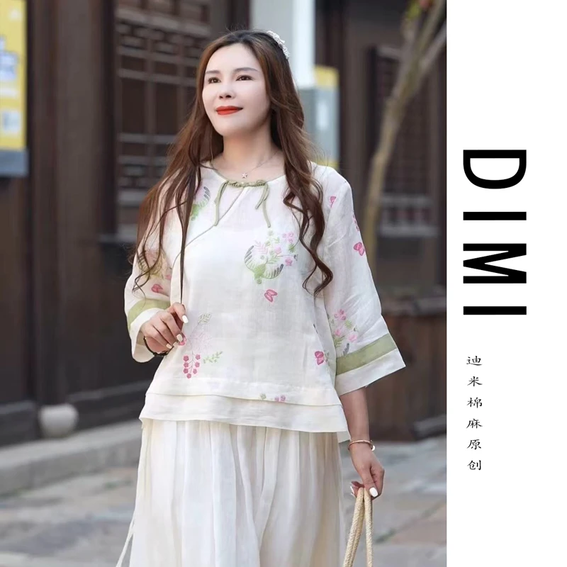 迪米春夏新款七分袖纯苎麻刺绣小衫女士新中式舒适小江南上衣8396