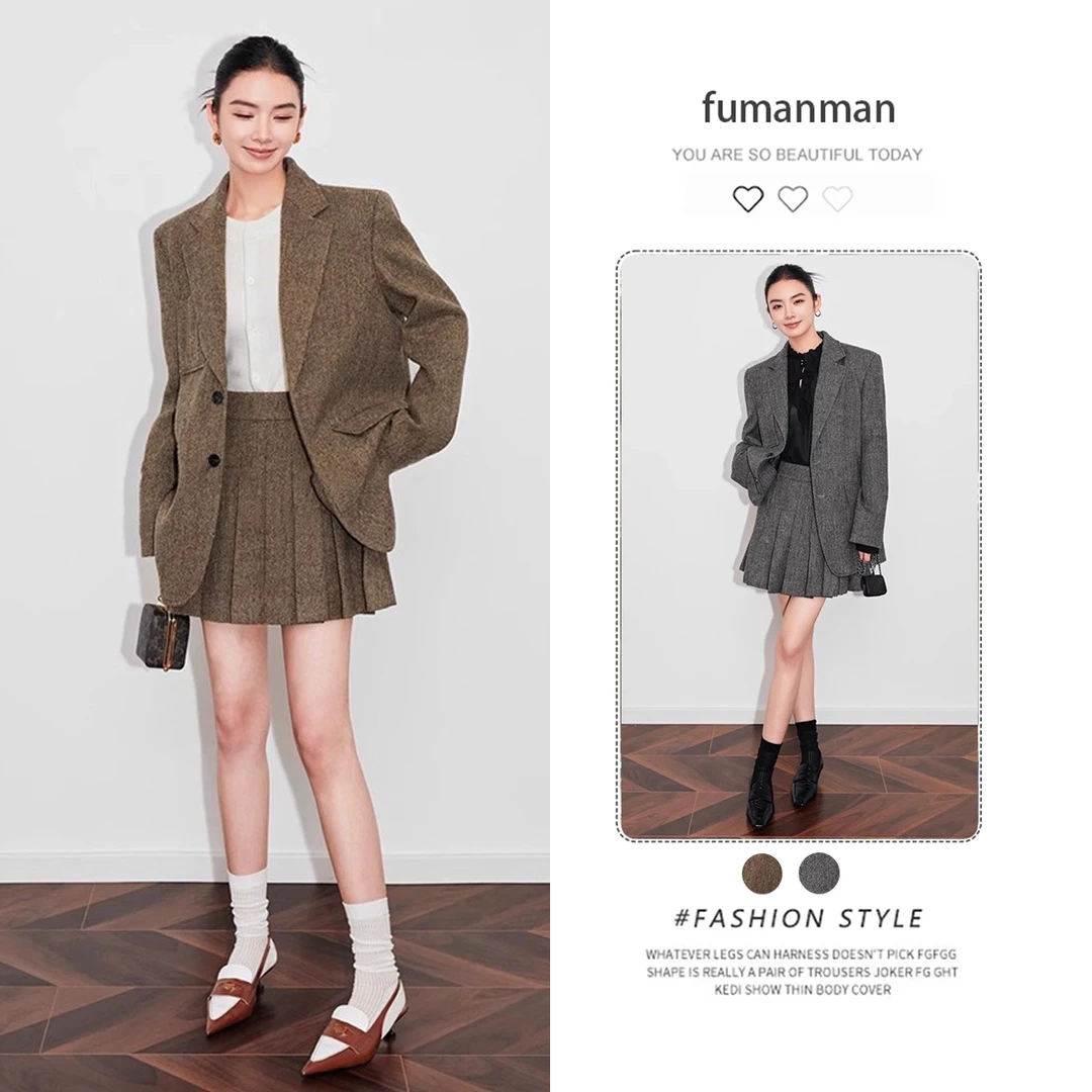 韩系学院风套装女2025秋冬新款高级感小个子短外套搭半身裙两件套