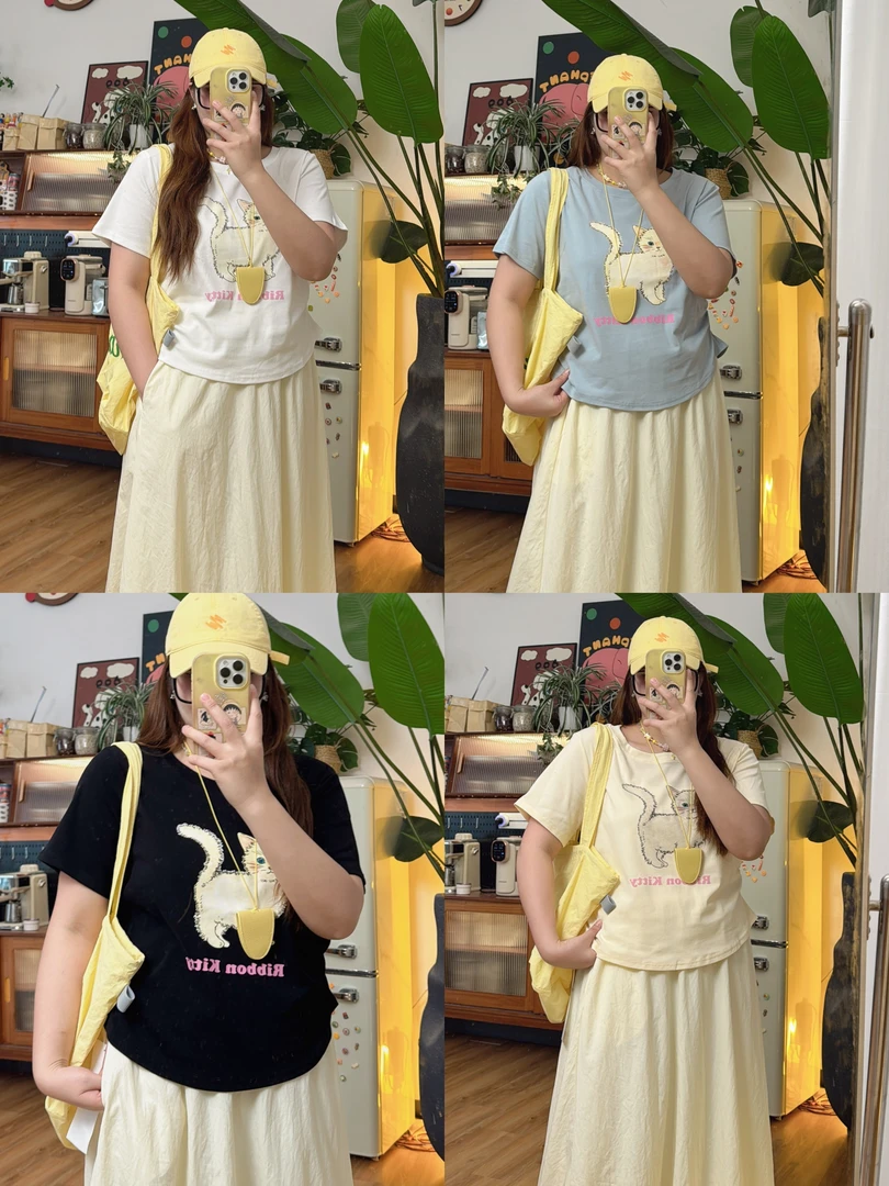 6950夏季新款猫咪印花设计感短袖上衣大码女装显瘦T恤宽松百搭