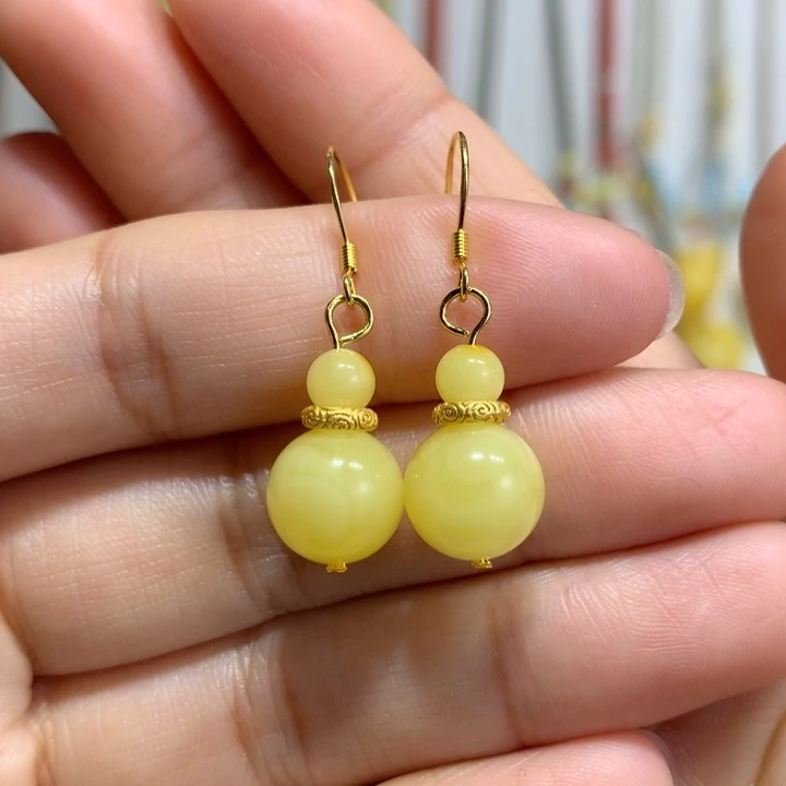 蜜蜡银S925镀金镶嵌耳饰10mm