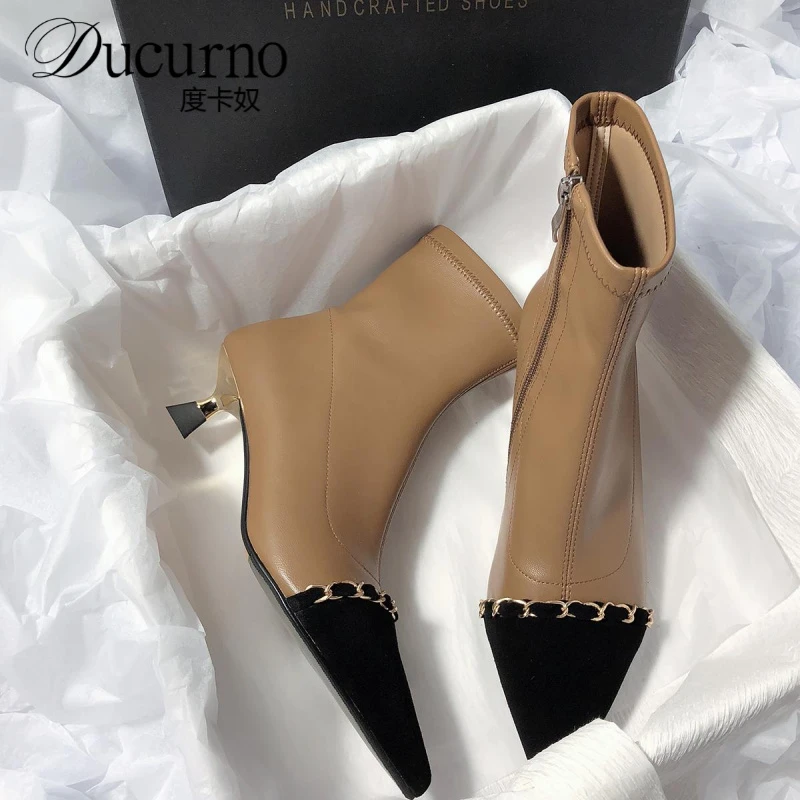 度卡奴拼色小香风炼条猫跟金属瘦瘦弹力气质法式尖头韩版百搭短靴