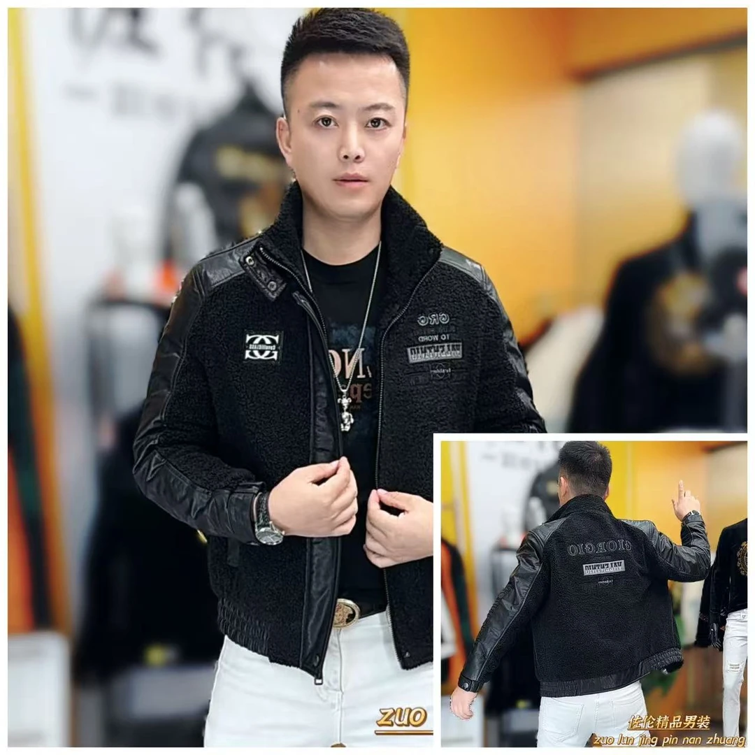 259902冬季新款时尚男士纯色鹅绒真皮修身高品质轻奢外套