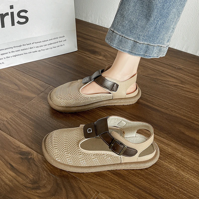 森系网面透气百搭包头凉鞋女外穿2024夏季新款时尚休闲罗马凉拖鞋