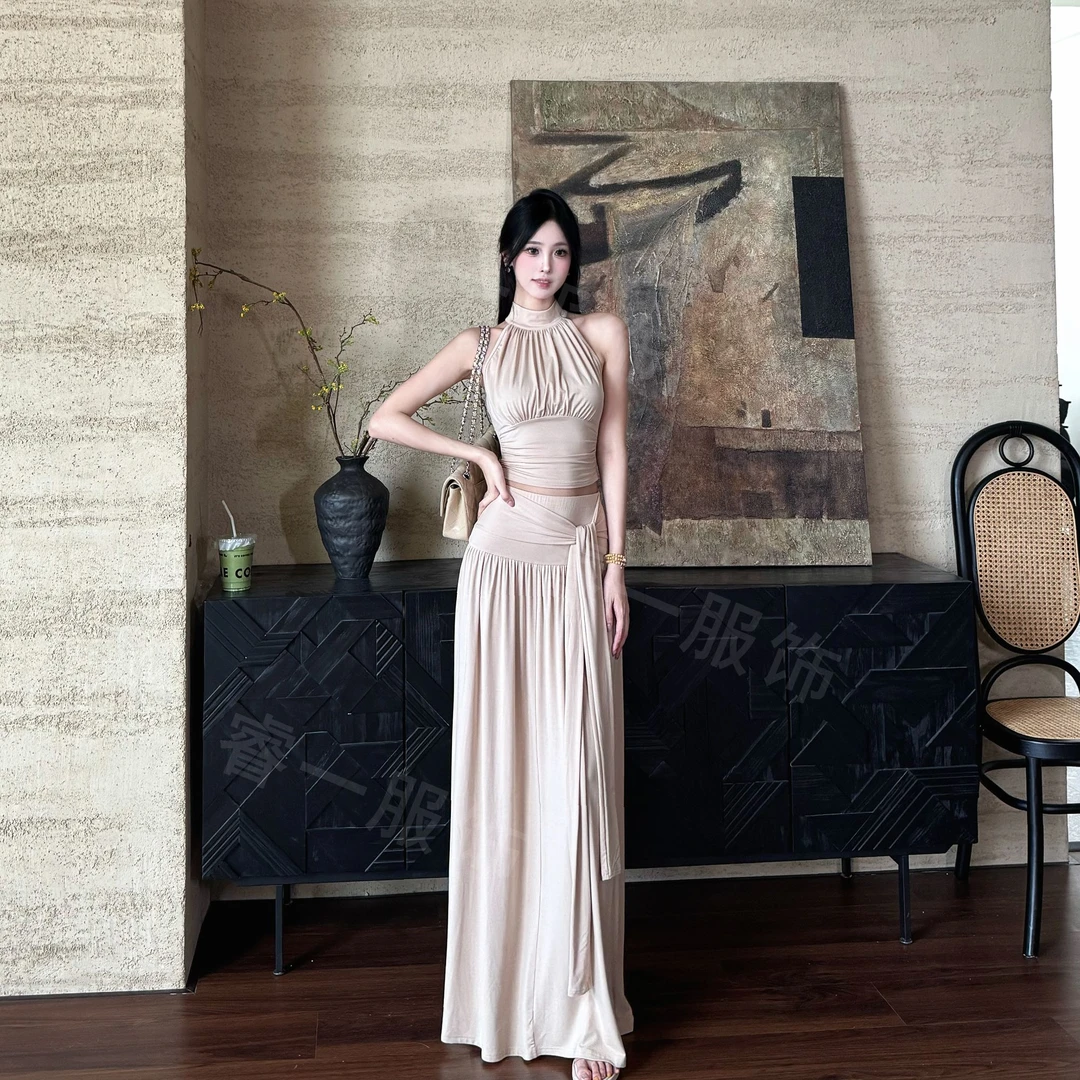 TITI 半高领褶皱无袖上衣腰部拼接飘带A摆半裙显瘦时尚两件套装女