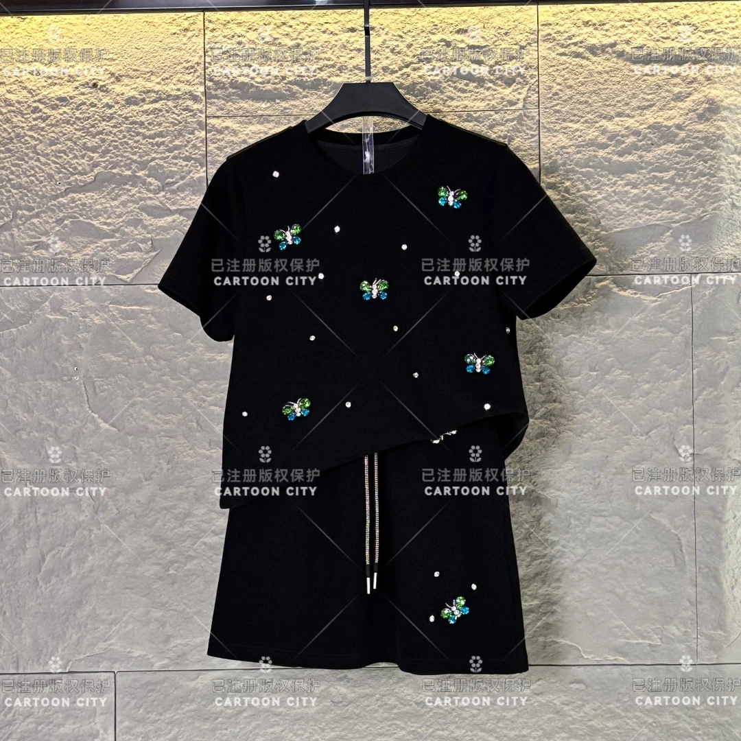 WMA-A188<宠粉价>丨<蝴蝶珠花>宽松版夏季T恤短裙休闲套装