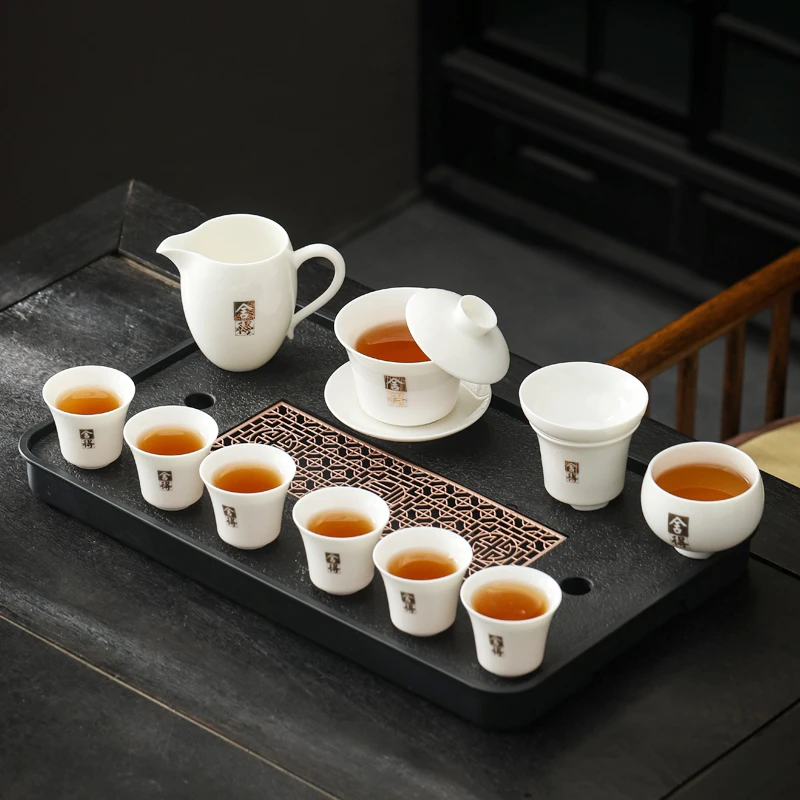舍得悬停盖碗德化白瓷功夫茶具套装高端全套家用整套办公室泡茶盘