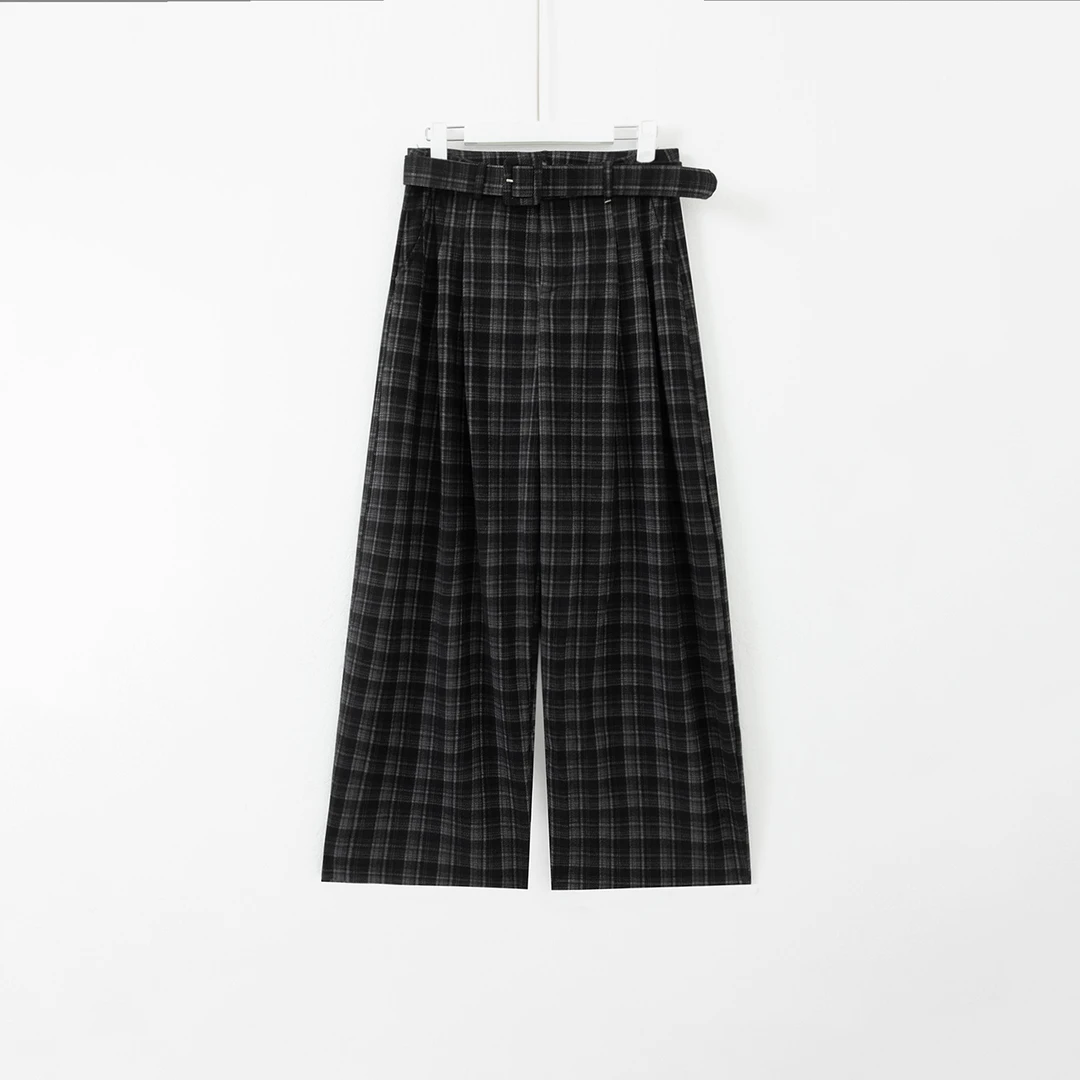 几里与麻【松饼格】复古格纹配腰带休闲裤 裤长100 2100844